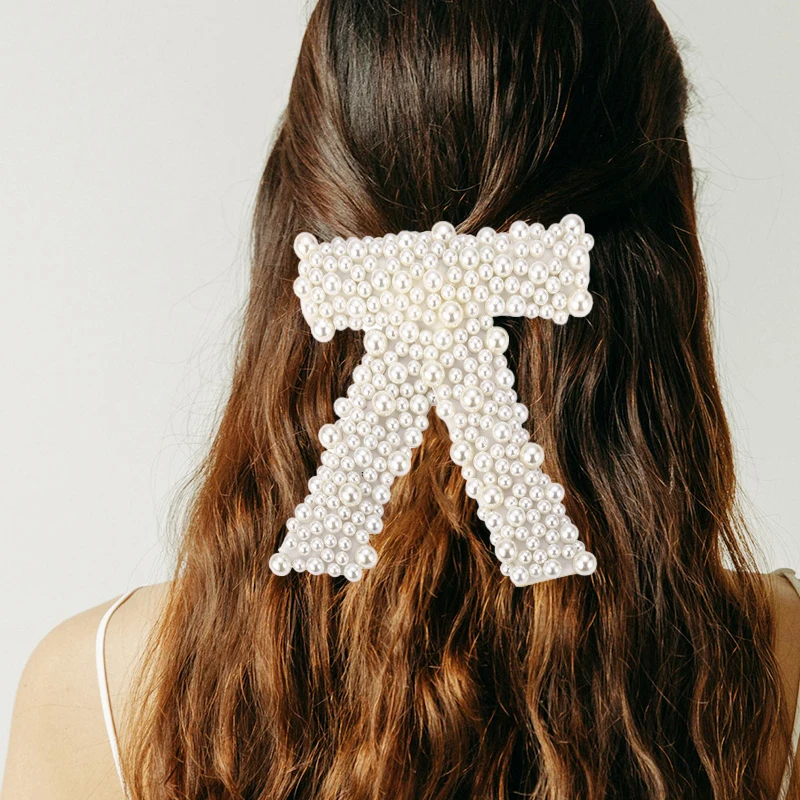

2022 New Pearls Crystal Hair Bows Barrette White Black Vintage Pearl Hairpin Elegant Luxuriy Hair Clip Wedding Hair Accessories