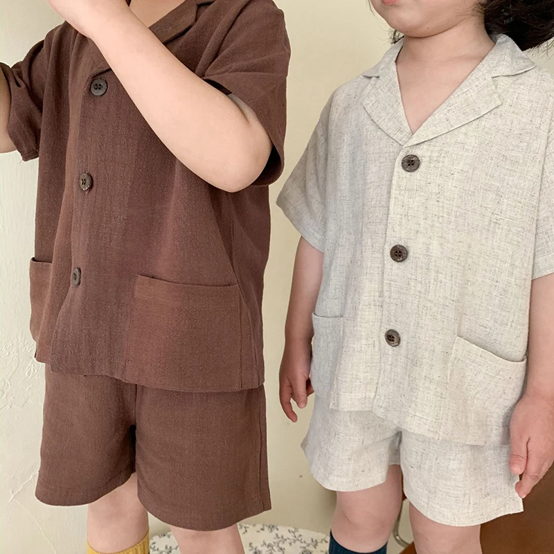

Комплект одежды для маленьких мальчиков и девочек 1-6 лет, хлопково-льняной кардиган с коротким рукавом и шорты в Корейском стиле, Детская летняя одежда