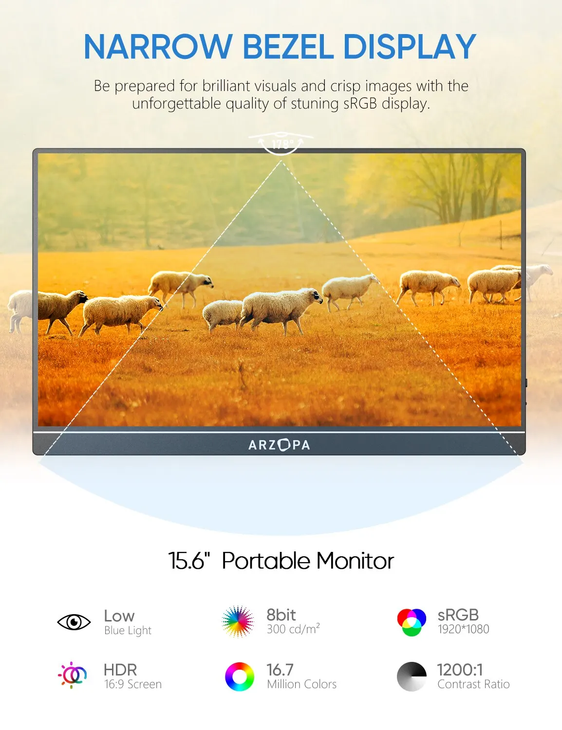 Фото Arzopa 15,6-дюймовый портативный монитор FHD 1080P IPS USB-C Mini-HDMI Внешний второй экран для Mac ноутбука ПК Android переключатель Xbox PS4/5 №3