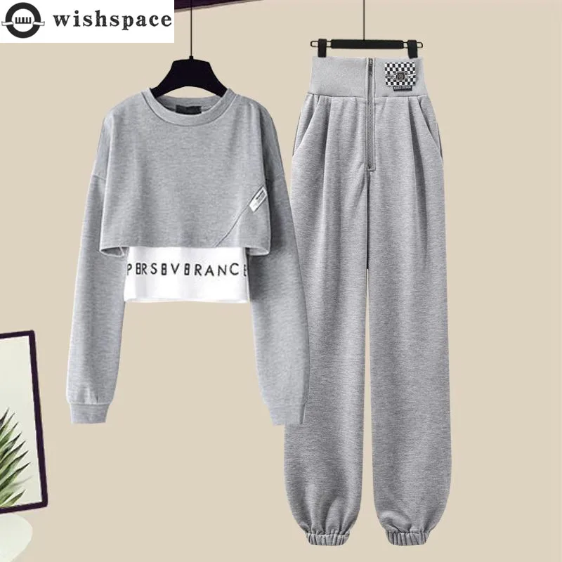 Letter Print Patchwork Long-sleeved T-shirt Tops Casual Sports Pants Two-piece Elegant Women Tracksuit Running Outfits