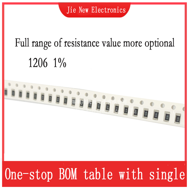 100pcs 1206 1% SMD Resistor 0R-10M 0.1R 0.22R 0.5R 1R 10R 33R 47R 1K 2.7K 1.5K 5.6K 10K 47K 100K 330K 820K 1M 4.7M 8.2M 1/4W