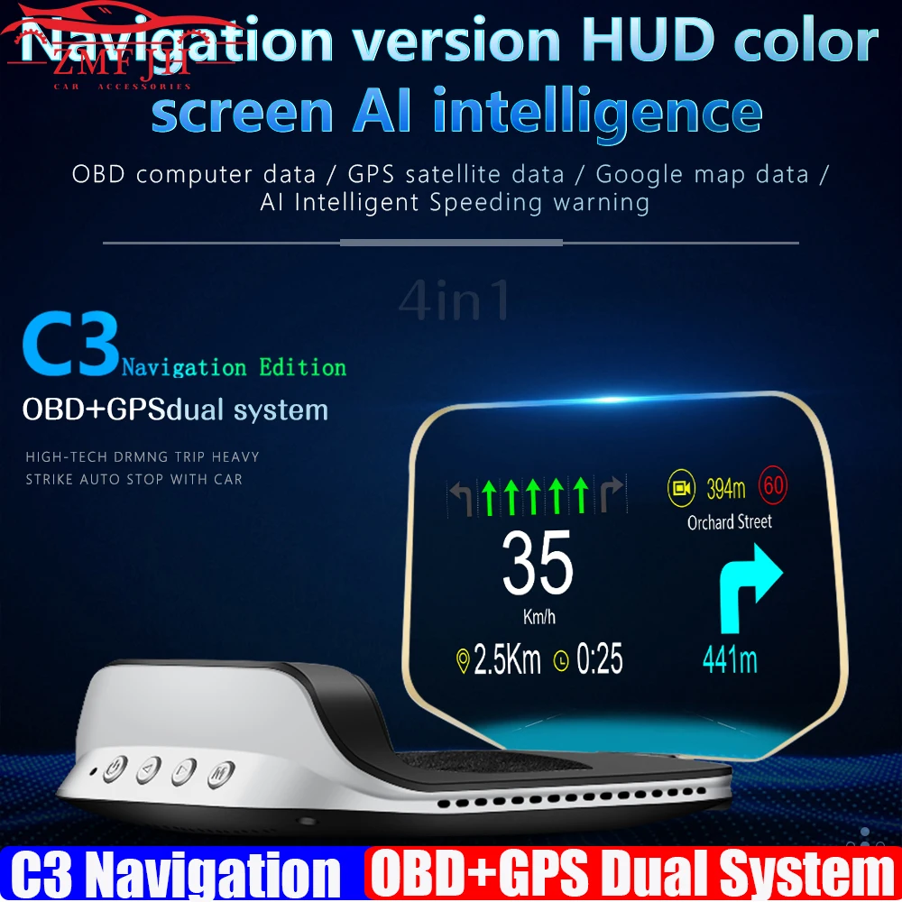 OBD HUD C3 Plus OBD2 HUD Auto Navigation Projector GPS EOBD Speedometer Head Up Display Car Accessories On-board Computer