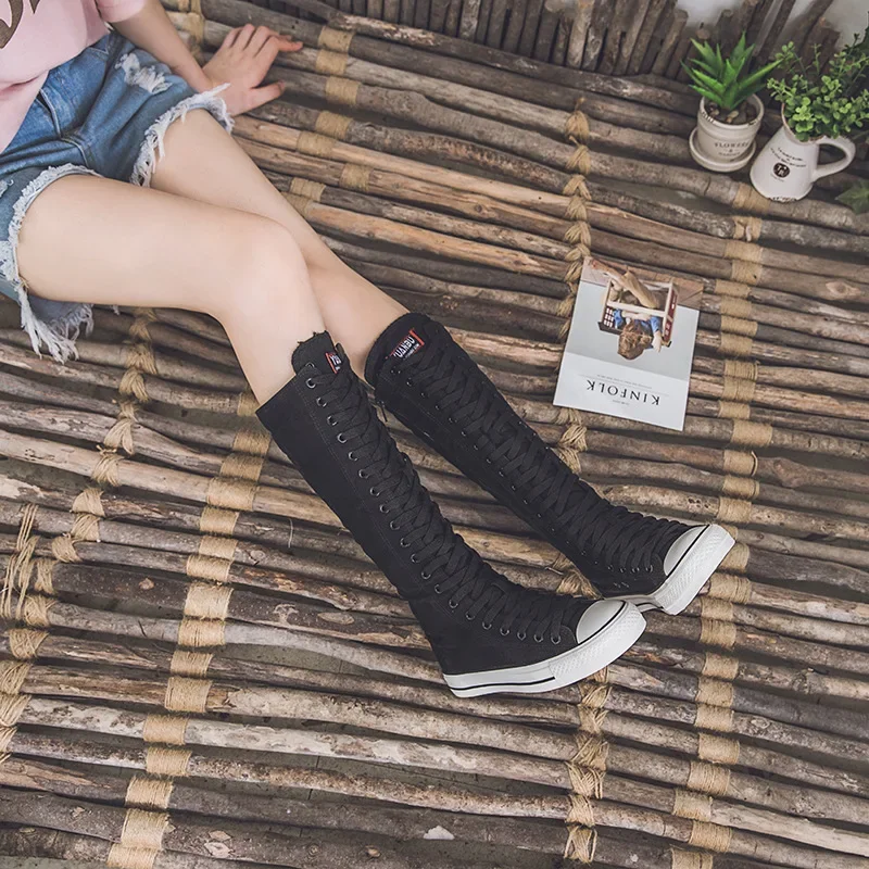 Women Knee High Canvas Boots Lace Zipper Flat Shoes