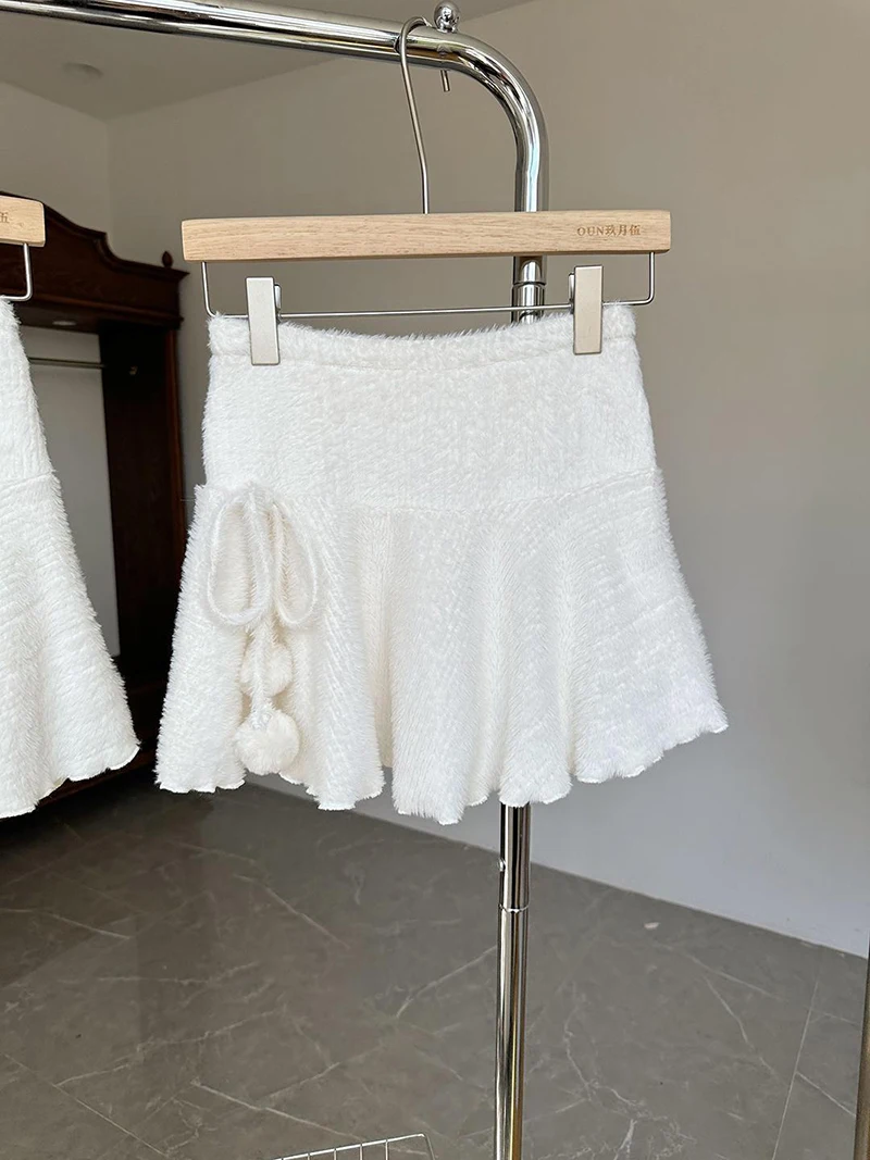 Japanese Kawaii Mini Skirts Women Preppy White High Waist A Line Skirt Winter Ladies Korean Cute Lace Up Chic Faldas New