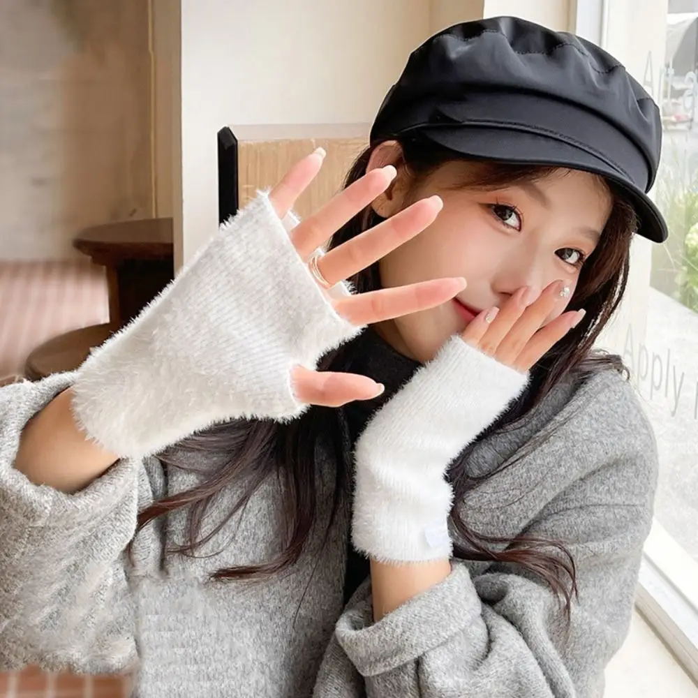 

Warm Arm Sleeve Knitted Autumn Cycling Driving Touch Screen Half Finger Gloves Women Mittens Faux Mink Wrist Arm Warmer