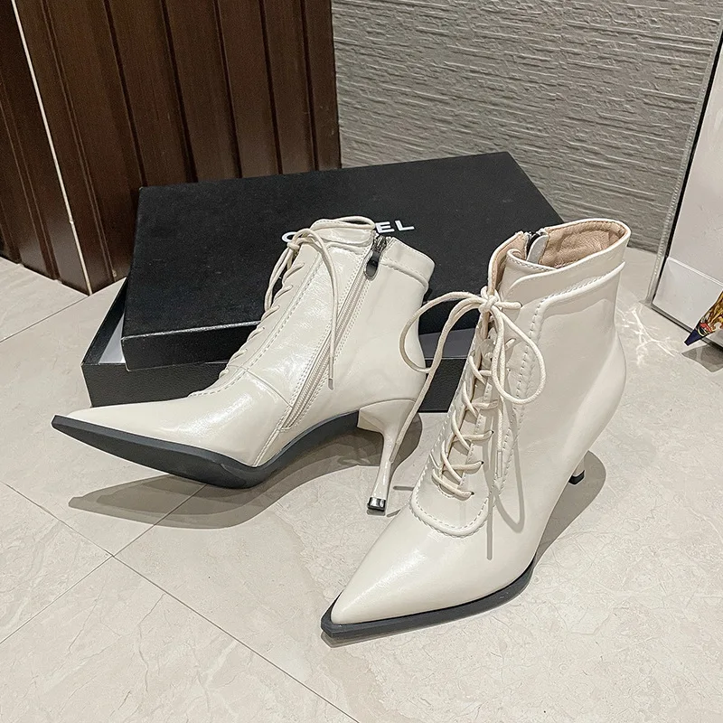 8288-2 Pointed 2023 Autumn/Winter Fashion High Heel Short Boots Lace up Thin Heel Side Zipper Women's Boots
