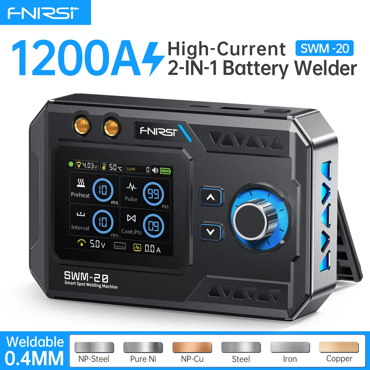 מכונת ריתוך נקודתי ניידת FNIRSI SWM-20, מכונת ריתוך סוללות בפולסים כפולים, תפוקה של 1200A, רצועת ניקל 0.1-0.4 מ\"מ, ערכת כלים 18650
