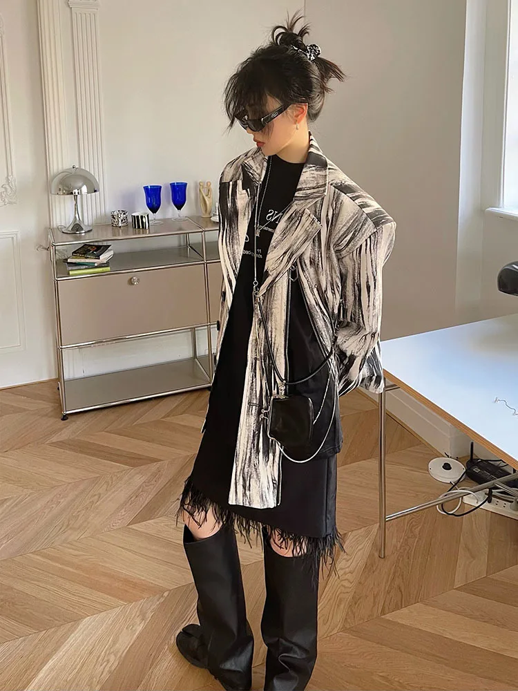 BZVW Grey White Graffiti Suit Jacket Women's 2023 Spring Autumn Versatile Zipper Spliced Designer Fashion Blazers Coat 25X3496