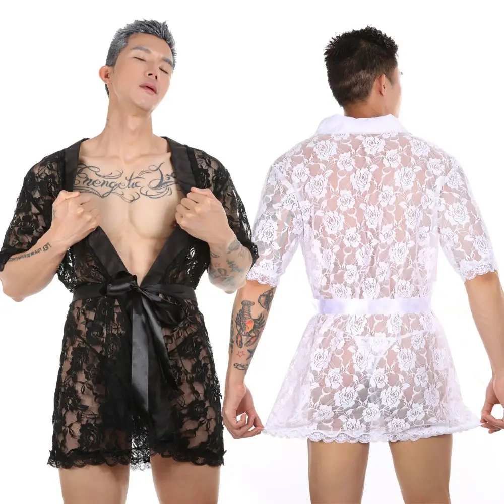 

Men's Sexy Perspective Temptation Fun Nightgown Lace Transparent thong Bathrobe Home Suit Set Lingerie Cueca Calzoncillos