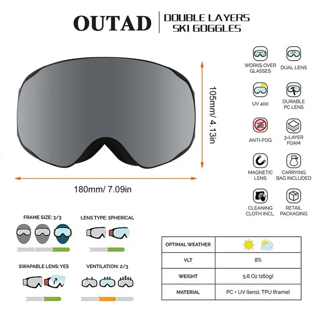 Outad Dupla Rétegek Sí Szemüvegek Uv-Doog Védelmi Szemüveg Kültéri Sportkorcsolyázás Síelés Hó Snowboard - Image 6