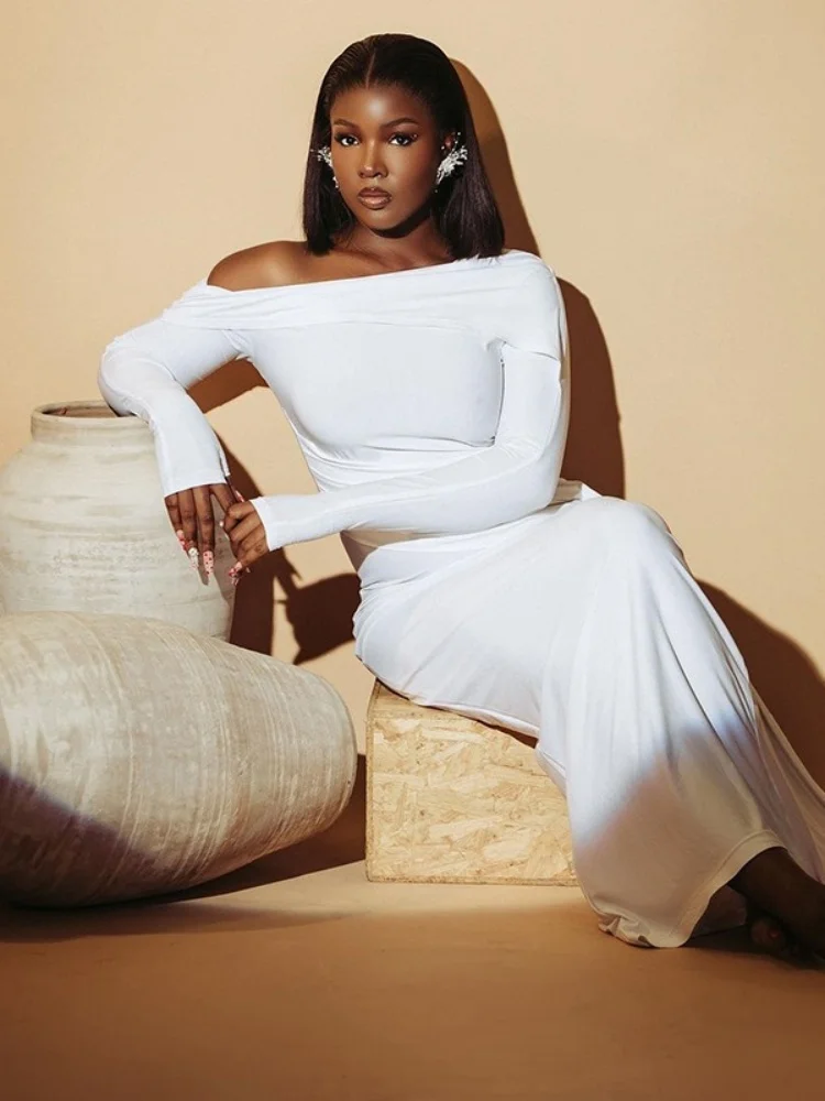 Wmstar Dress Women Wholesale 2025 Fashionable Solid Color Slanted Collar Revealing One Shoulder and Long Sleeves Irregular