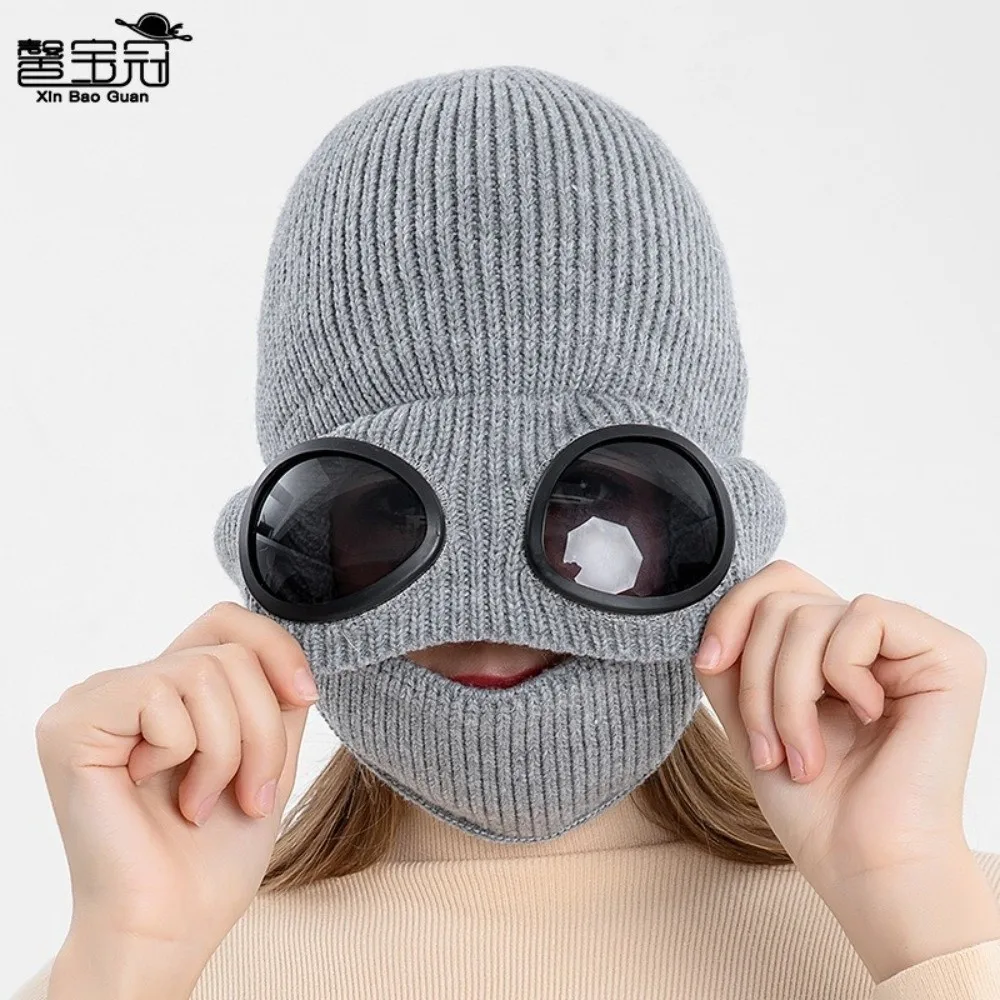 Mit Fleece gefütterte warme Wollmütze mit Maske, Bekleidungszubehör, Strickmütze im koreanischen Stil, Strickmütze, Aviatror-Brille, Ohrenschützer, Mütze – Detail 4