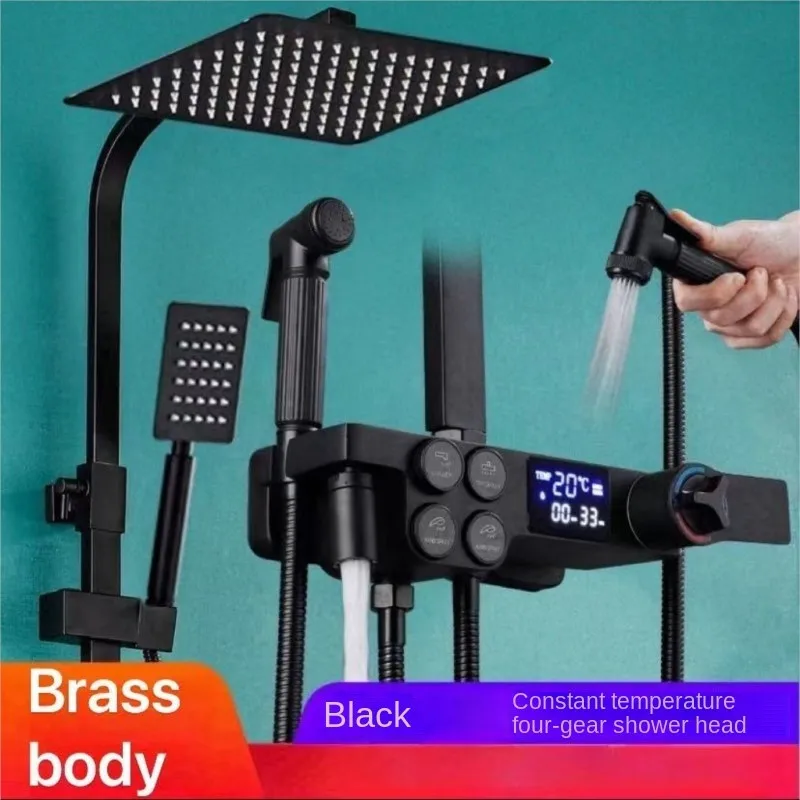 Luxury Black Gold Digital Shower Set Thermostatic Shower System Rainfall Spa Shower Head Brass Bathtub Faucet Digital Shower Set 2