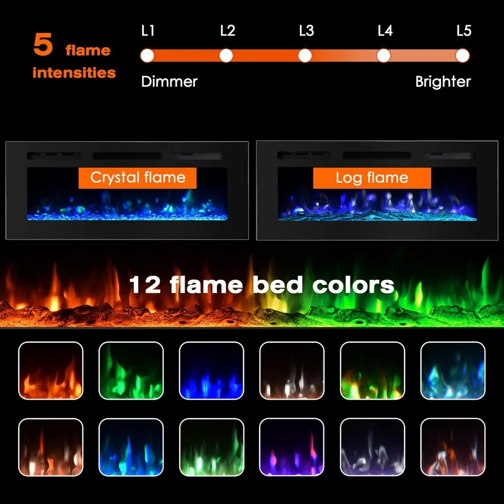 Electric Fireplace 40inch Wall Mounted, Wall Fireplace Electric with Remote Control, Recessed