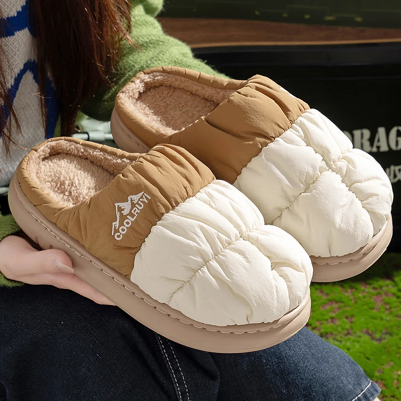 Autumn Winter Thick Sole Waterproof Slippers Women 2025 New Outdoor Non Slip Cotton Slippers Woman Indoor Soft Sole Plush Slides