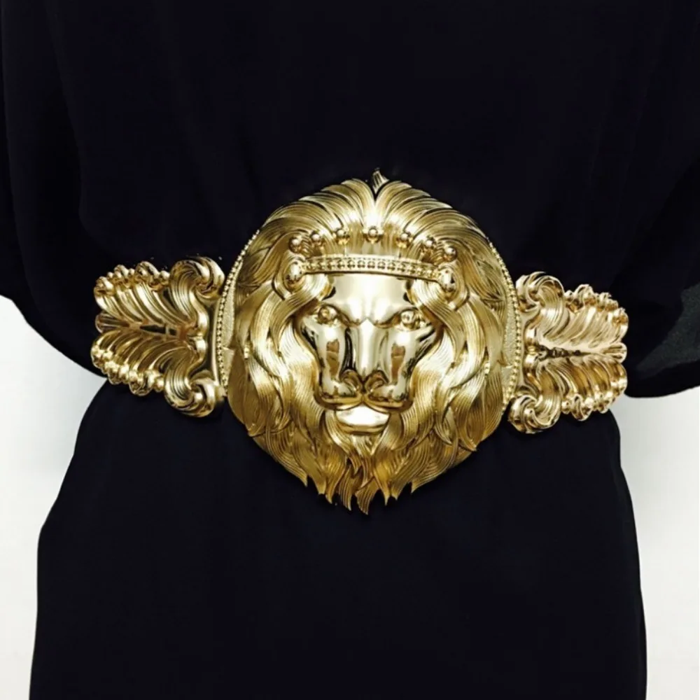 

Alloy Metal Wide Waistband Universal Buckle Faux Leather Ladies Elastic Belt Golden Lion Waist Cover