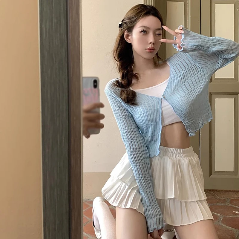 Summer Women Thin Sunscreen Cardigan Lace-up Knitwear Tops Female Korean Style Long Sleeve Short Coat Casual Sun Protected 2
