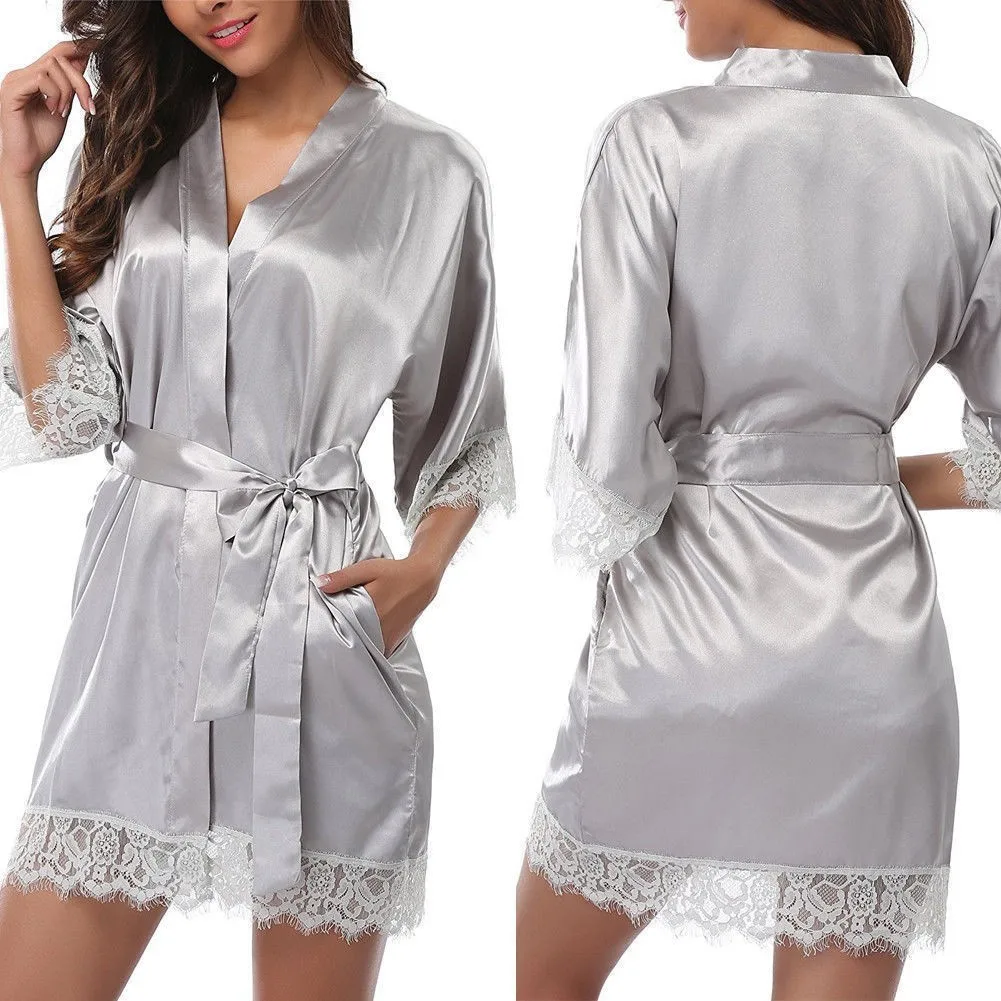Women Pajamas Robes Sleepwear Nightgowns Half Sleeve Nightdress Lace Bathrobe Smooth Soft Comfortable Pure Color - 4