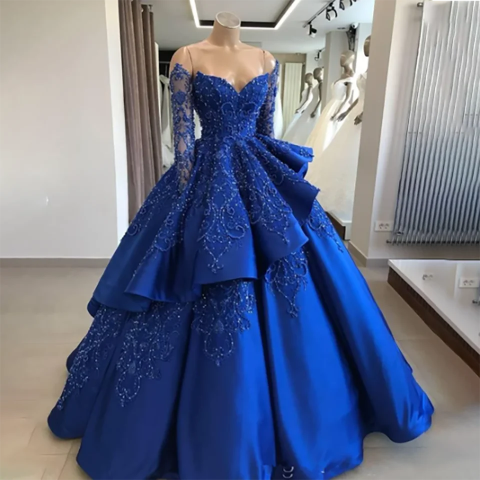 Customized Charming Blue Beaded Off The Shoulder Ruffles Satin A Line Wedding Dress 2025 Backless Sweep Train Tulle Bridal Gowns 1