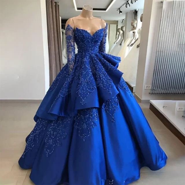 Customized Charming Blue Beaded Off The Shoulder Ruffles Satin A Line Wedding Dress 2025 Backless Sweep Train Tulle Bridal Gowns 1
