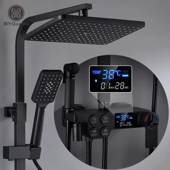 Set di rubinetti per doccia LCD termostatici neri con display della temperatura Rubinetto per vasca a pioggia con mensola del bagno Elettricità all'acqua 1
