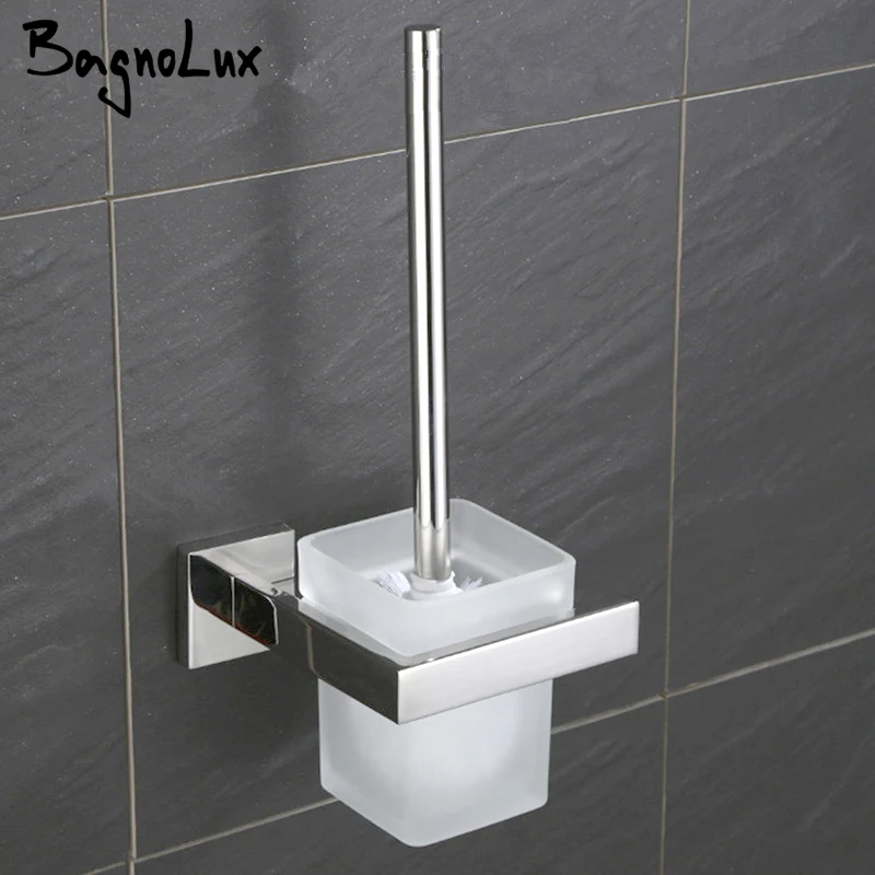 Modern Stainless Steel Wall Mounted Toilet Brush Holder Shelf Toilet Brush Organizer with Frosted Glass Brushed Nickel