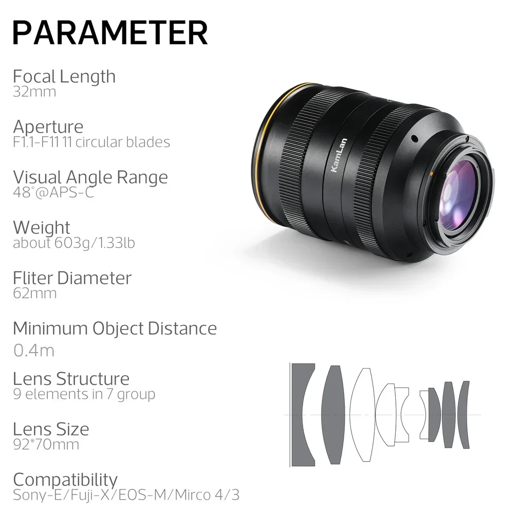 E/캐논 M/후지 X/M43 미러리스 카메라용 Kamlan 32mm f1.1 APS-C 수동 초점 대구경 렌즈