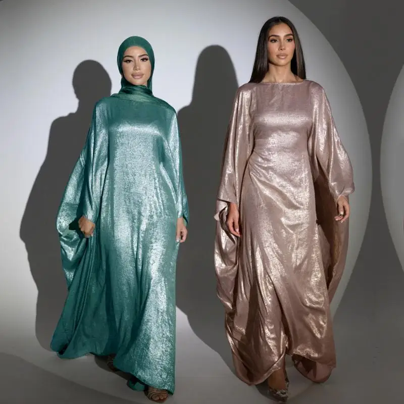Women-Fashion-Shiny-Robe-Muslim-Long-Dress-Round-Neck-Bat-Sleeved-Loose ...