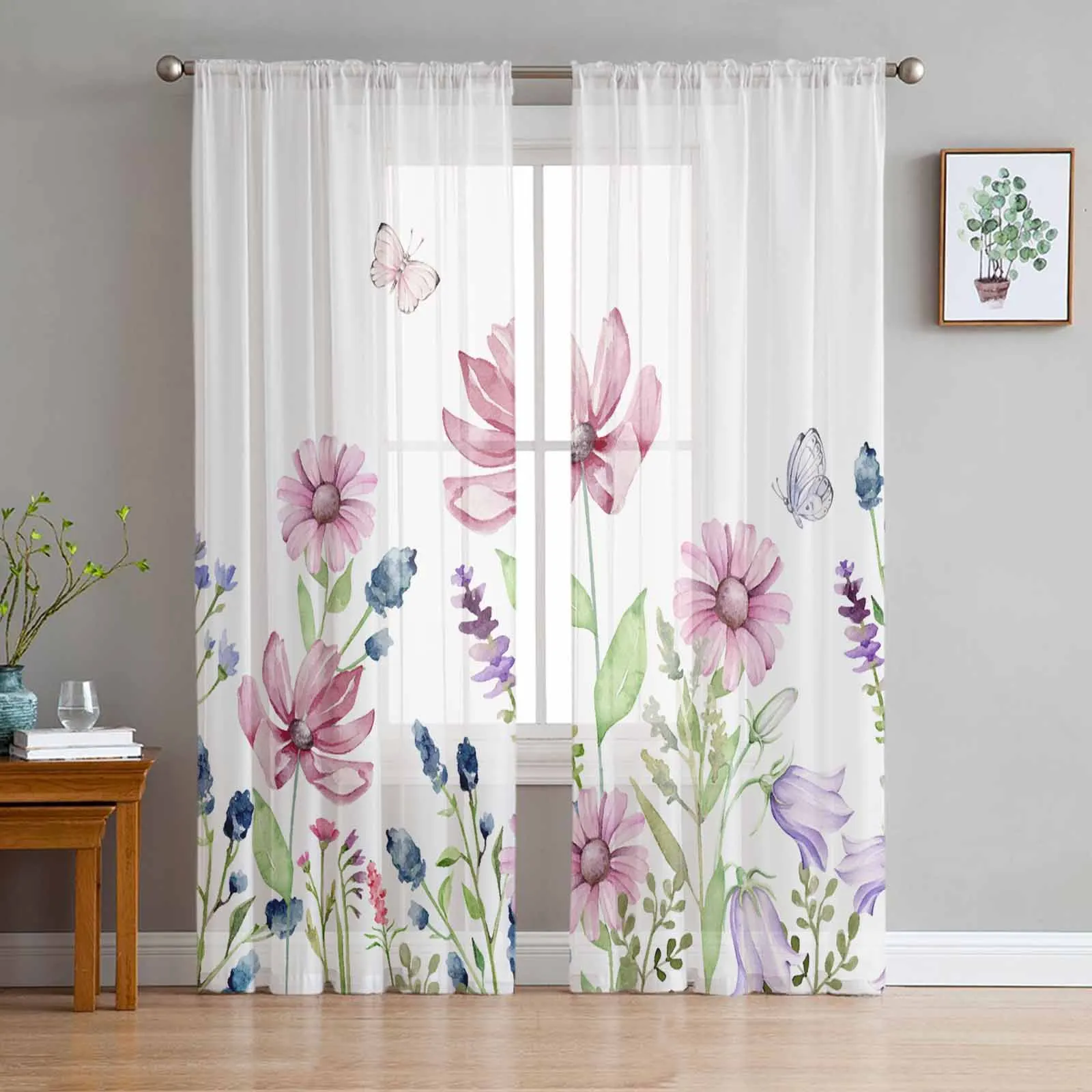 

Summer Plants Flowers Butterflies Sheer Curtains for Living Room Kitchen Window Curtains Bedroom Tulle Voile Curtains