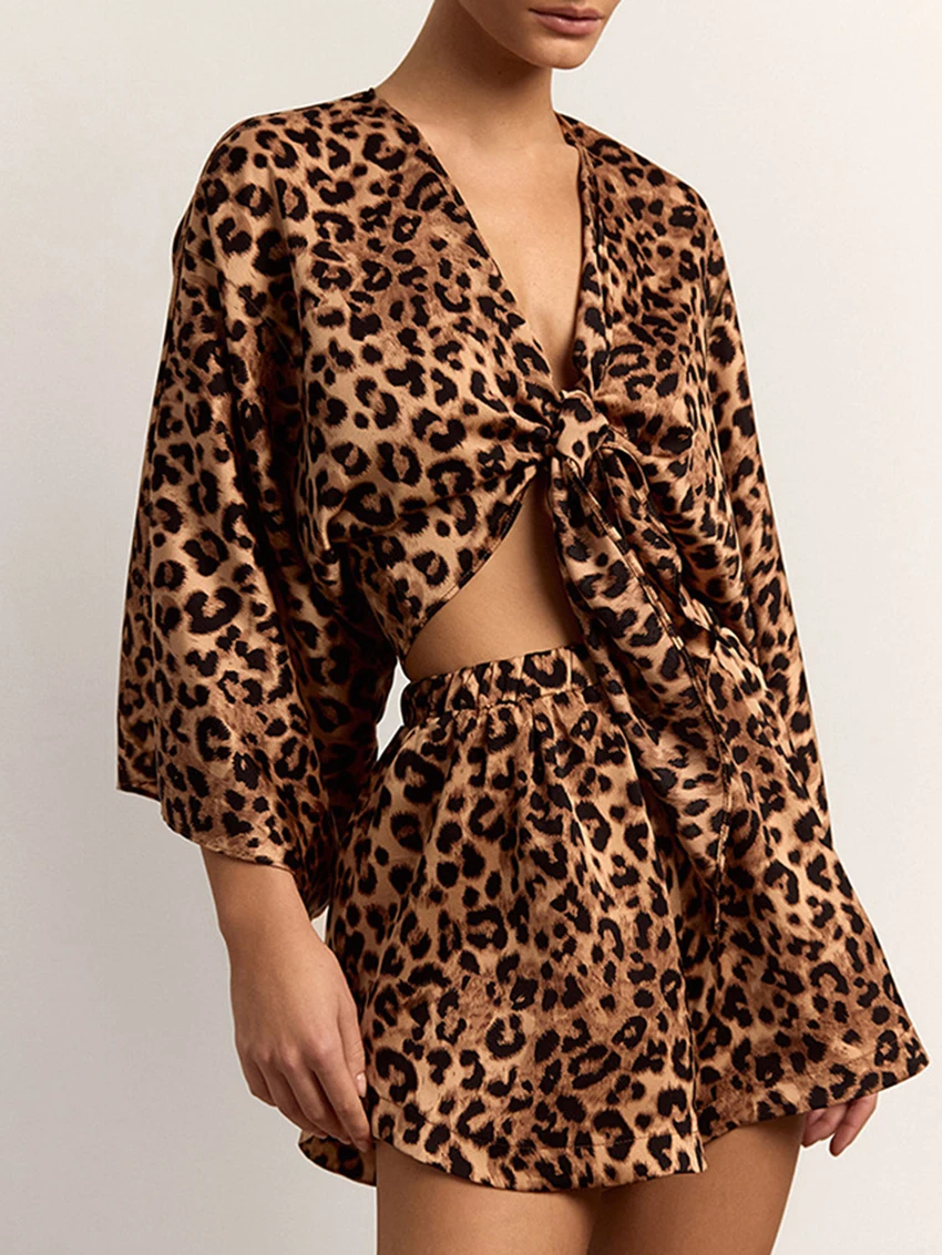 Marthaqiqi Leopard Print Women Sleepwear Set Long Sleeve Pyjama Sexy V-Neck Pajama Tank Tops Nightie Shorts Femme Nightwear Suit