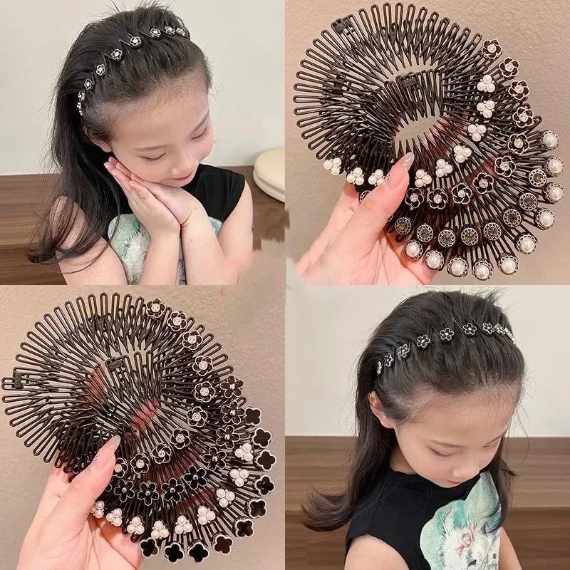 Korean Round Camellia Flower Pearl Hair Organizer Girls Women Hair Comb Hair Clips Children Updo Headwear for Kids Accessories