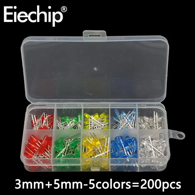 100pcs/200pcs 3mm 5mm LED Diode Assorted Kit White Green Red Blue Yellow Orange F3 F5 Leds Light Emitting Diodes electronic kit 3MM-5MM-200pcs