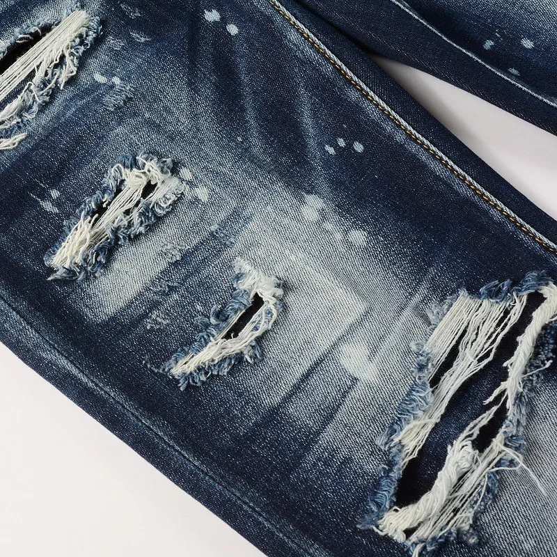 Washed and Made Old Cat Whisker Patch Ripped Elastic Slim Pants Ink Splashing Jeans for Men