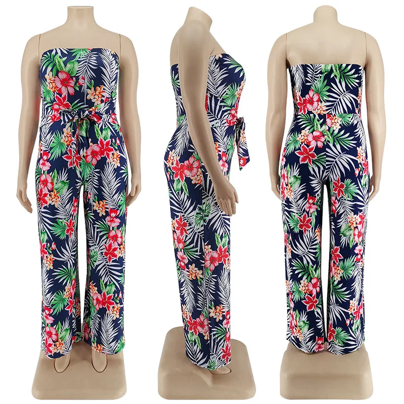 Plus Size Women 5xl Jumpsuits Floral Leaf Print One Piece Outfit 2022 Summer Casual Sleeveless Jumpsuit Wholesale Wide Leg Pants
