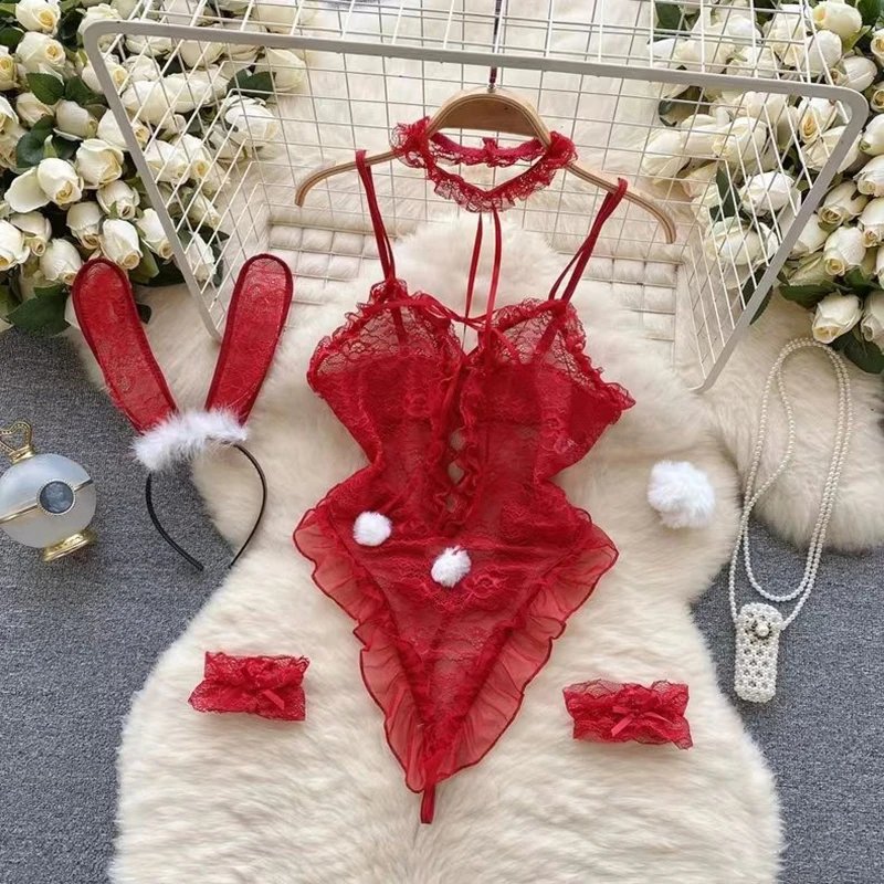 Sexy Hollow Out Pajamas Women Cosplay Servant Tie Backless Neck Hang Set Patchwork Heart-Shaped Red See-through HotSweet Dress 5
