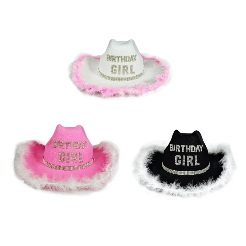 Rhinestones Party Hat Birthday Girl Hat Fashionable Feathered Trim Western Party For Girl Birthday Halloween