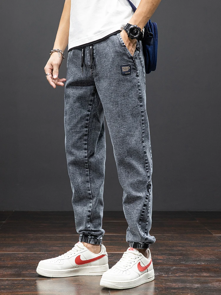 Large size elastic workwear jeans, men's ankle tied Harlan pants, wear-resistant and fat added, plus size trendy and loose 5