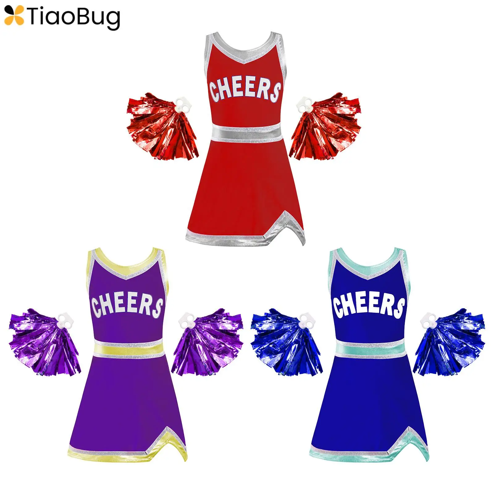 

Kids Girls Cheerleader Costume Carnival Halloween Cosplay Cheerleading Team Uniform Party Dress with Pom Poms Outfits Sets