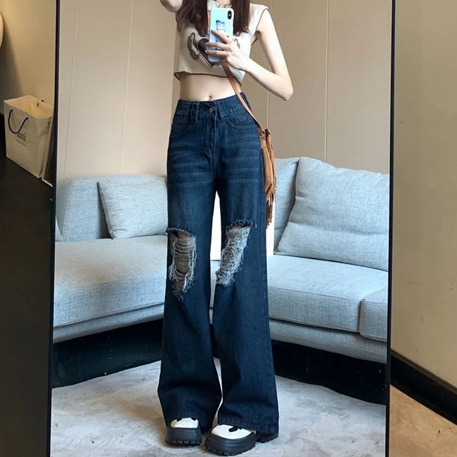 Pantalones vaqueros holgados de pierna ancha Y2K para mujer, pantalones vaqueros anchos para mujer, ropa de informal bonita para novio, pantalones vaqueros rasgados de cintura alta| | - AliExpress
