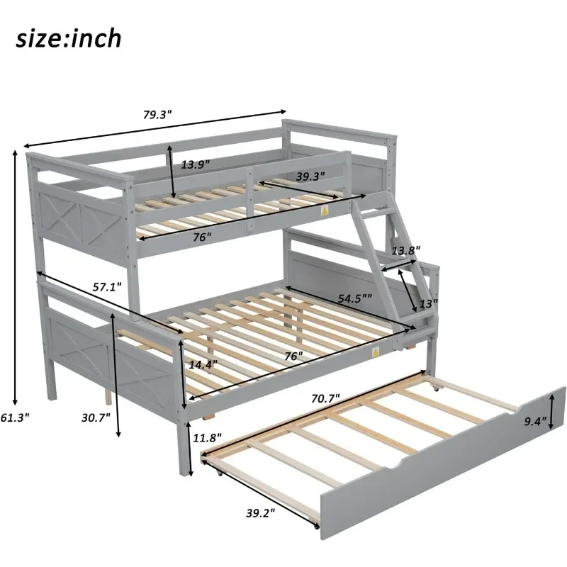 Solid Wood Double Bed Frame with Guardrail and Ladder 2