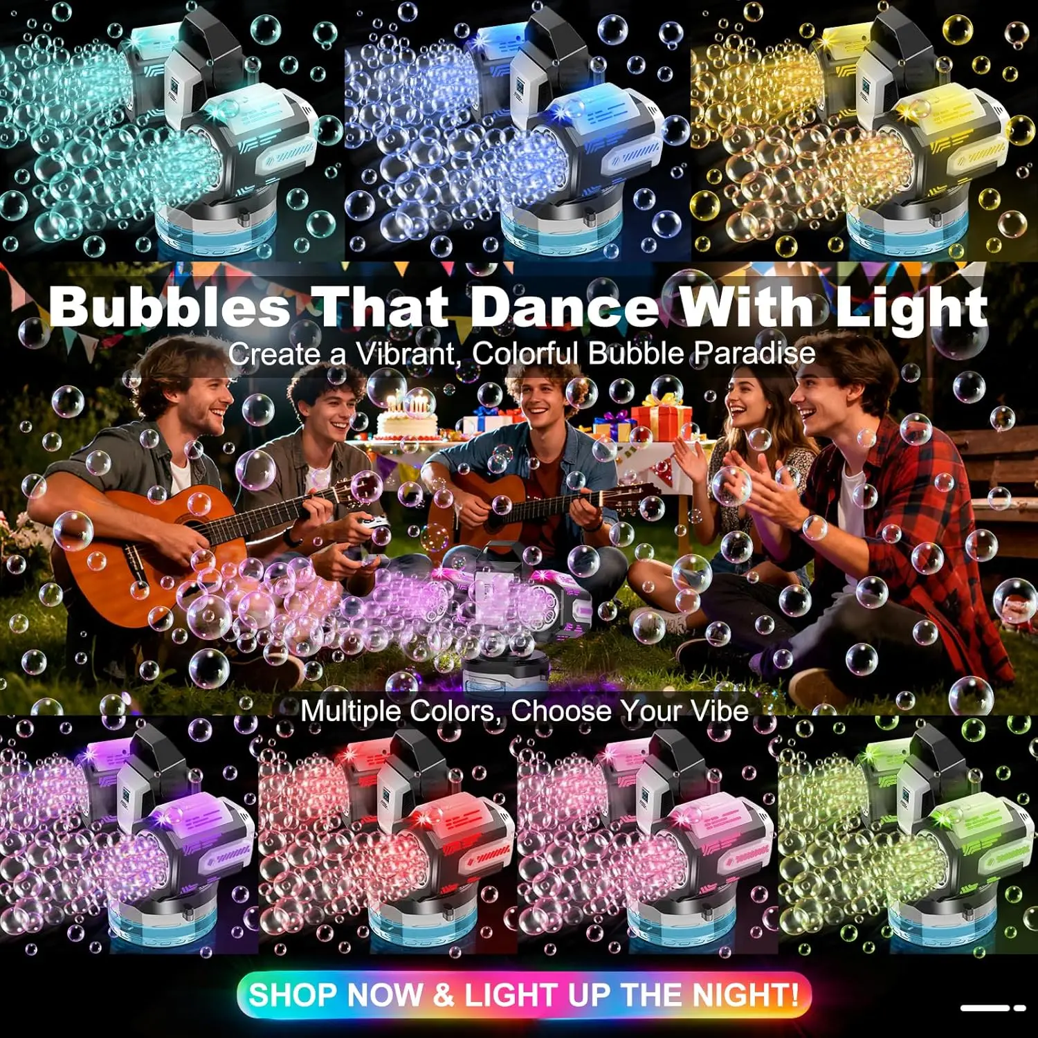리모컨이 있는 충전식 RGB 버블 머신, 360 ° 회전하는, 20000개 이상의 거품을 생성하는 휴대용 야외 파티 장난감(검은색)