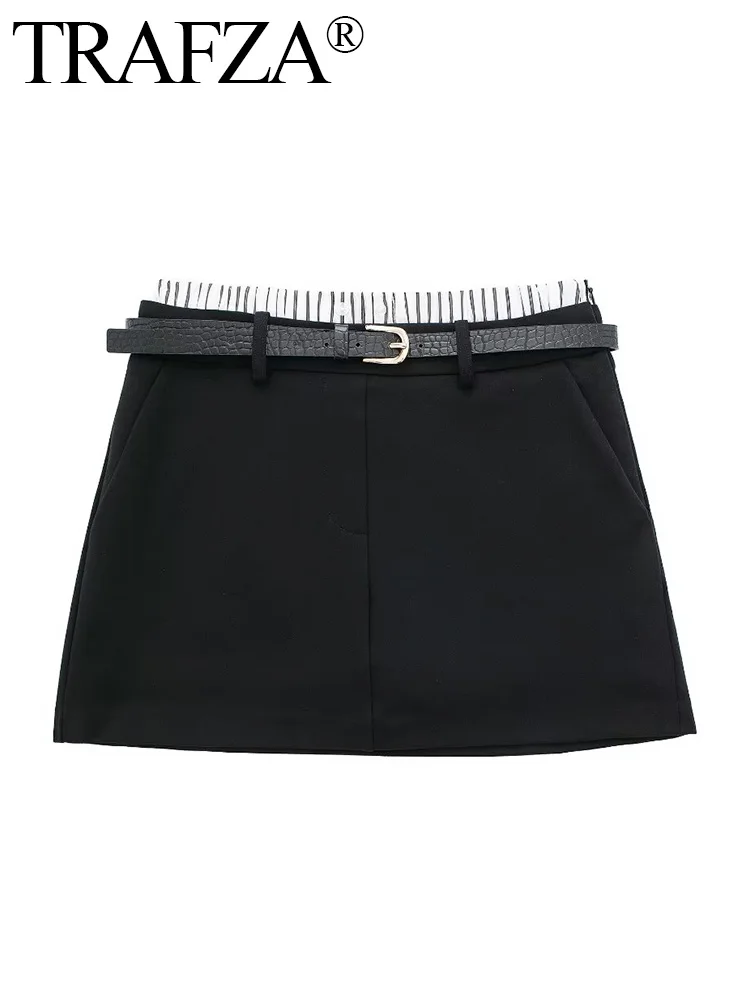 

TRAFZA Women Fashion Belt Spliced Mini Shorts Skirts Flat Angle Underwear Lining Vintage High Waist Zipper Female Skirts Mujer