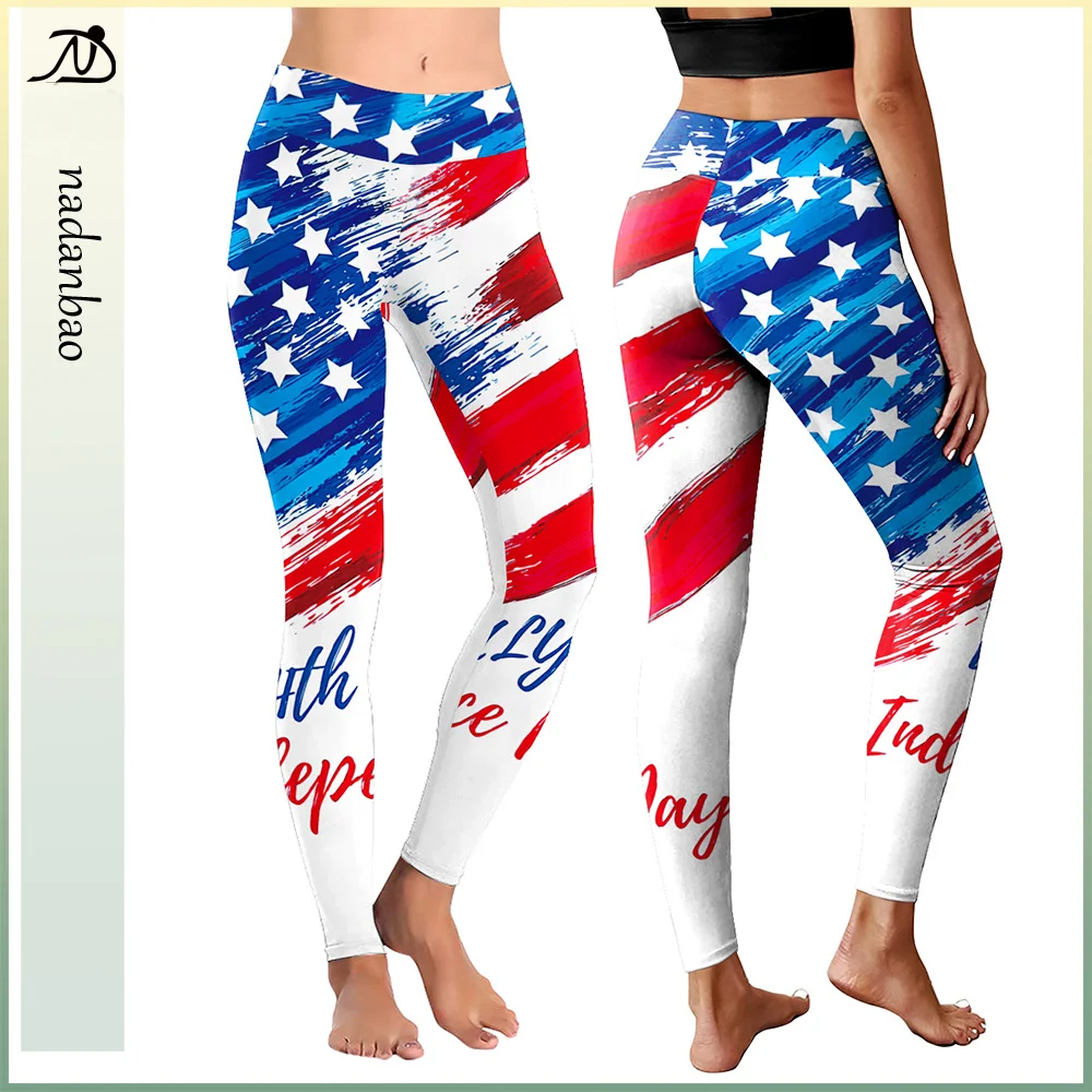 

Nadanbao Independence Day Holiday Party Pants Women Elastic Tights Digital Printing Leggings Female Mid Waist Sports Trousers