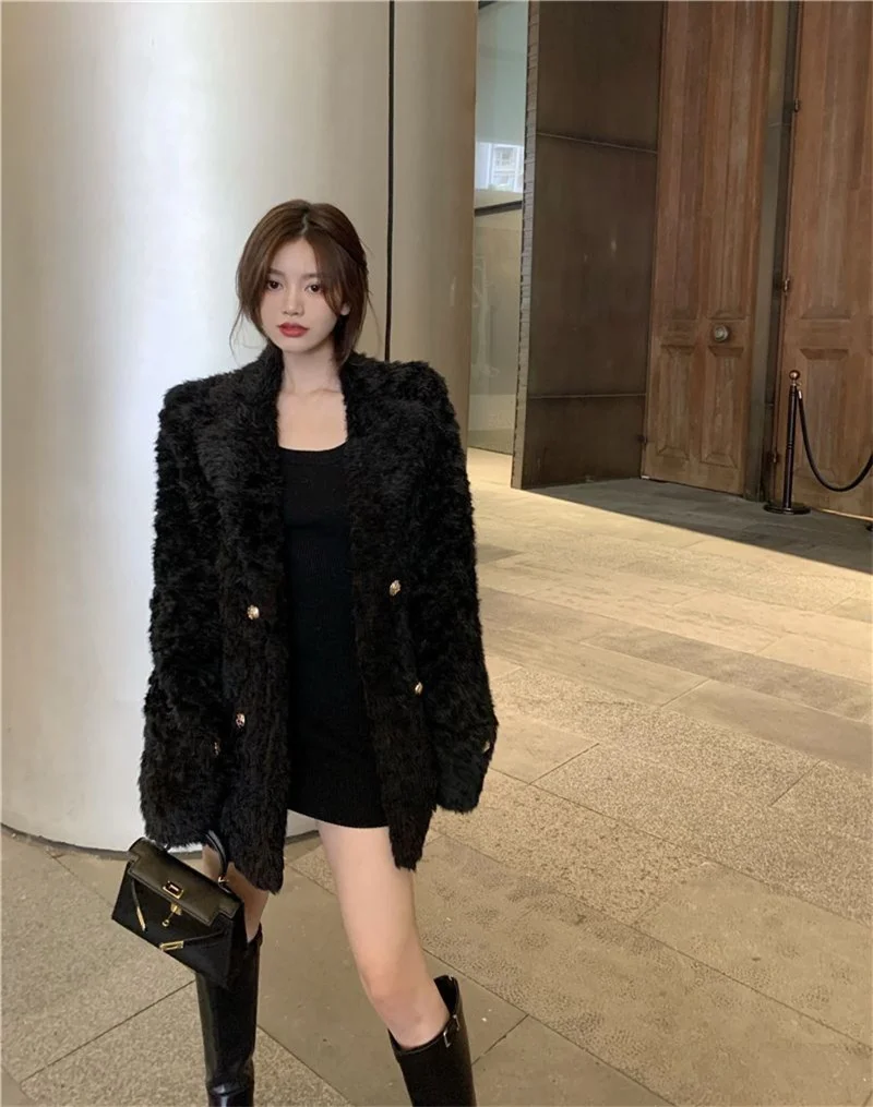 2023 Autumn Winter Loose New Style Small Fragrance Coat Women's Mid Length Small Crowd Set Loose Coat Coat Thickened with Velvet