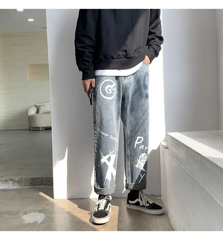 light blue jeans men Spring and Summer HipHop Straight Jeans Men's Graffiti Casual Trousers Trendy Loose Wide Leg Pants Male Student Ins All-Matching flannel lined jeans