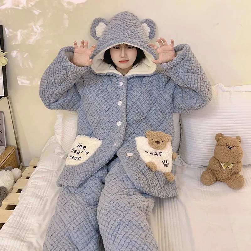 Famale Thick Pajamas Women Winter Three-layer Loungewear Extra-thick Sleepwear Suit Velvet Pad Warm Household Clothes Set Pijama