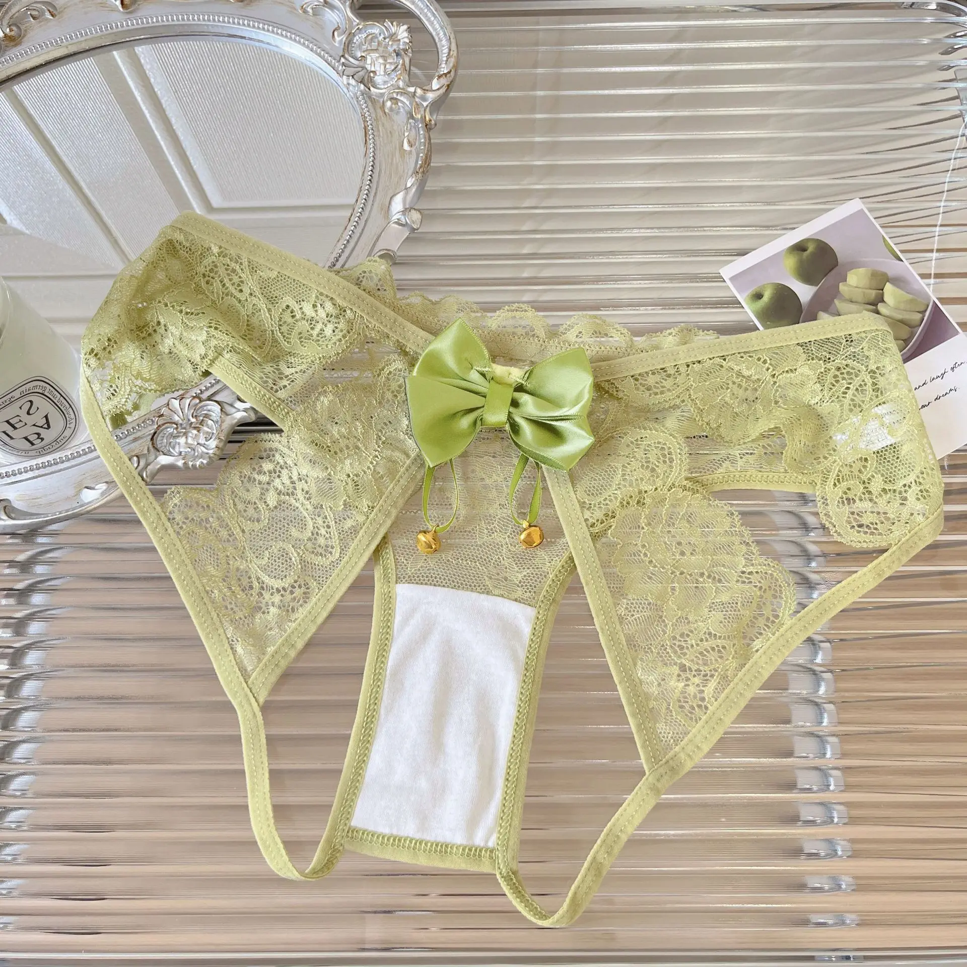 Women's Sexy Bow Hollow Out Thong Lingerie Open Crotch Underwear Lady's Crotchless French Style Lace See Panties Трусы Женские