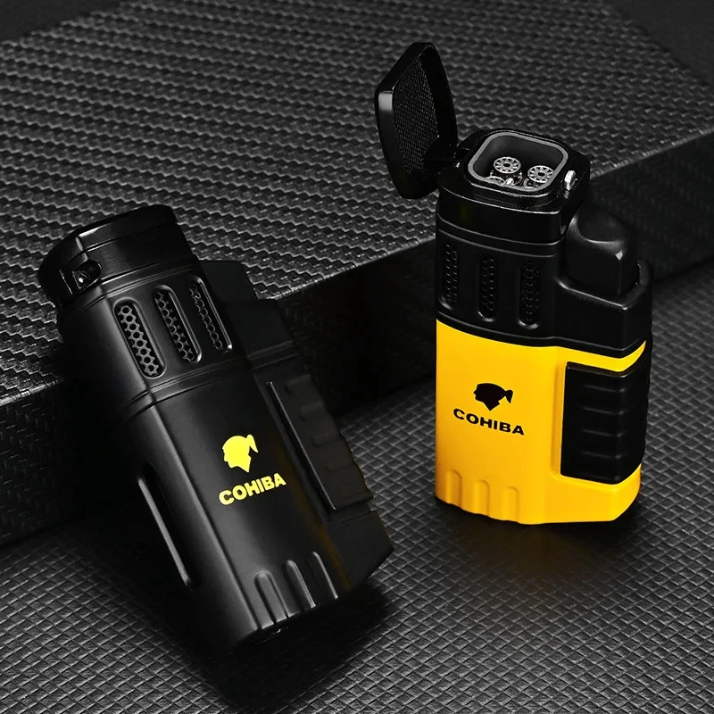 

COHIBA Advanced Fashion Lighter Cigar Tool Outdoor Windproof Kitchen Lighter 4 Torch Flame Jet Portable Gas Lighter Men's Gifts
