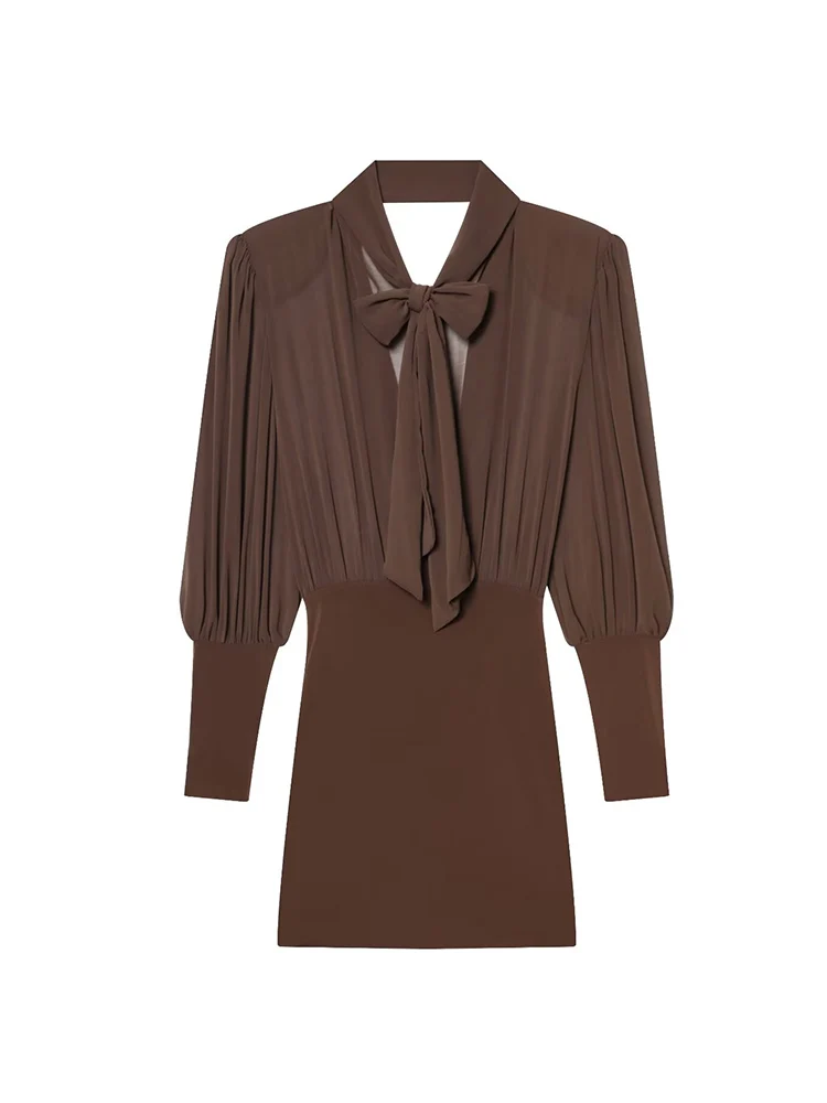 Women Chic Shoulder Pads Dress Fashion High Street Bow Lace Up Collar Full Sleeve Slim Pleated Mini Dresses Lady 2026 New