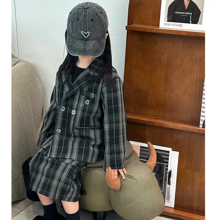 

Children's Suit Set Autumn New Style for Boys and Girls Green Plaid Suit Top Pants Bag Skirt Set Trendy